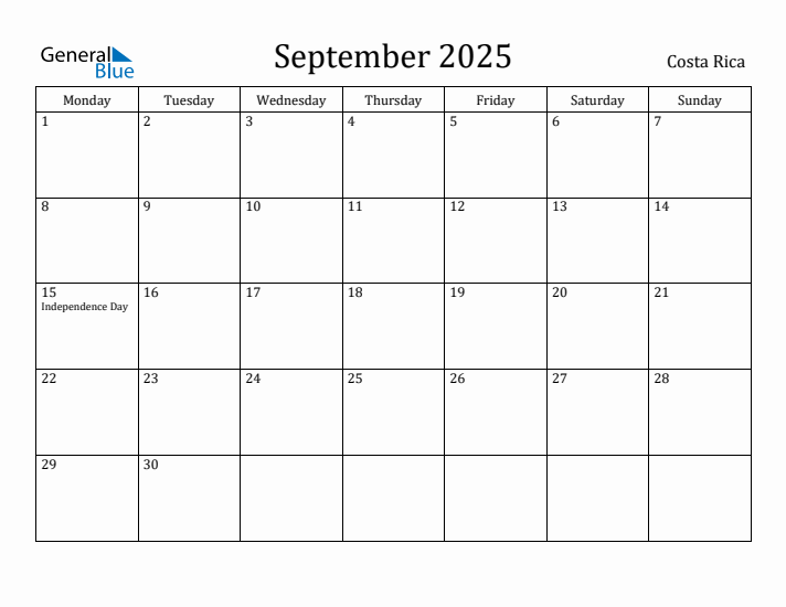 September 2025 Calendar Costa Rica