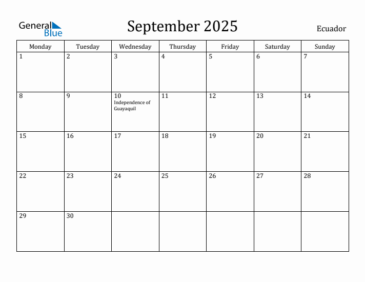 September 2025 Calendar Ecuador