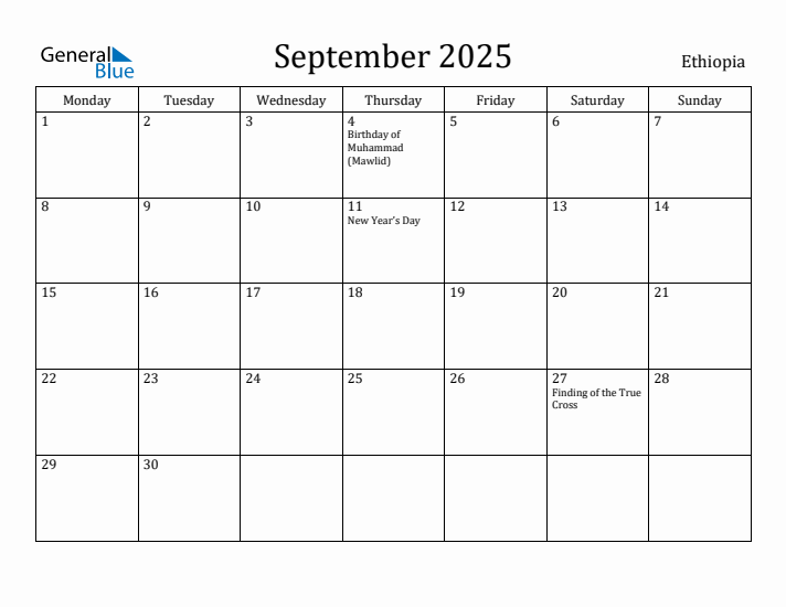 September 2025 Calendar Ethiopia