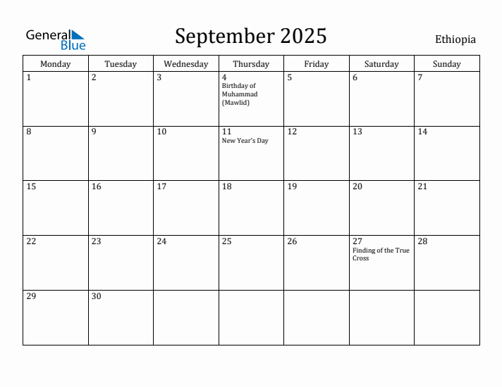 September 2025 Ethiopia Monthly Calendar with Holidays