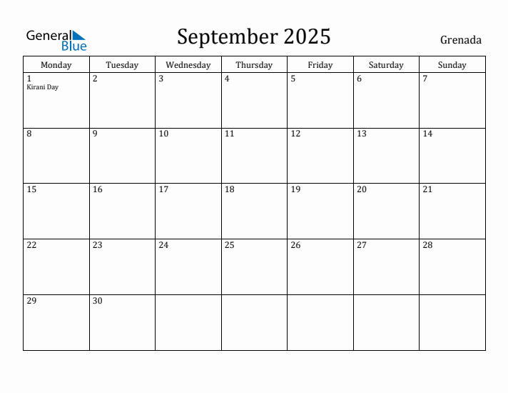 September 2025 Calendar Grenada