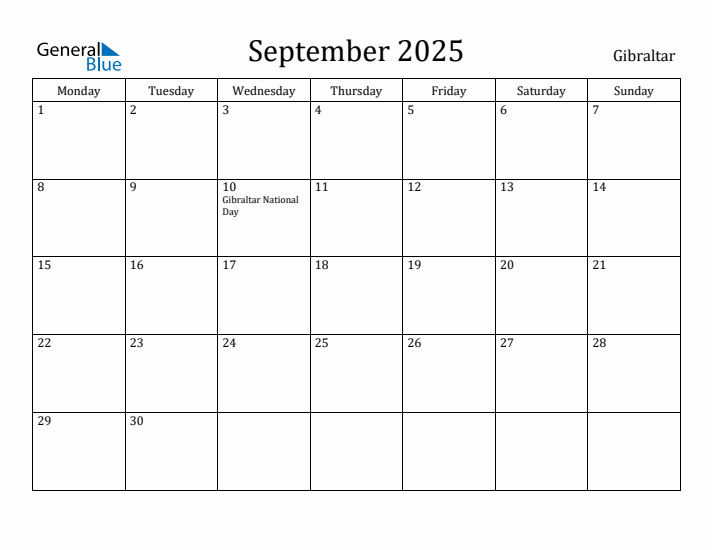September 2025 Calendar Gibraltar