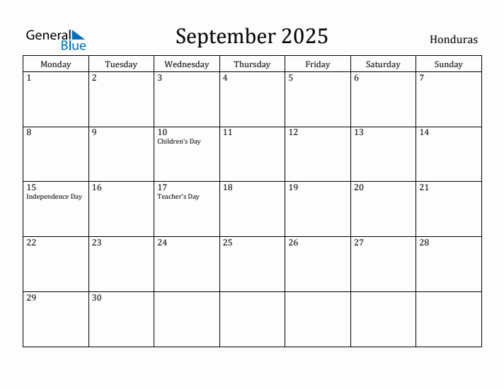 September 2025 Calendar Honduras