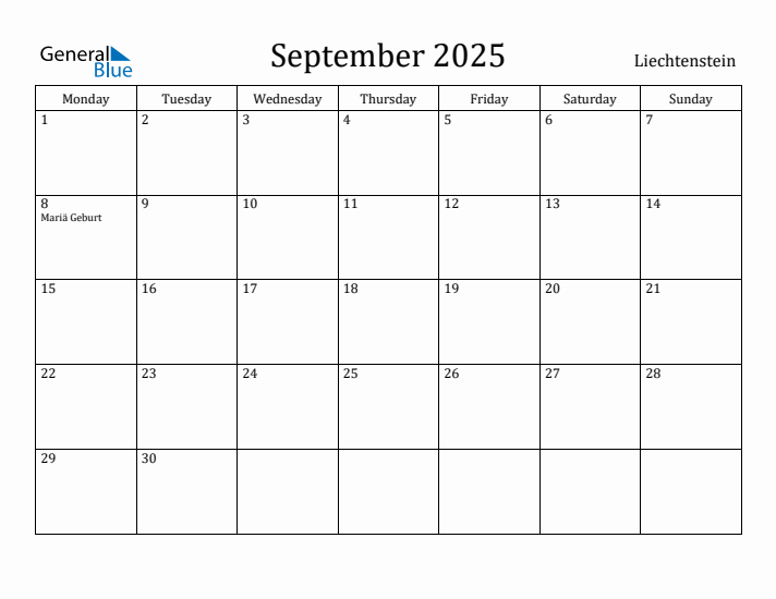 September 2025 Calendar Liechtenstein