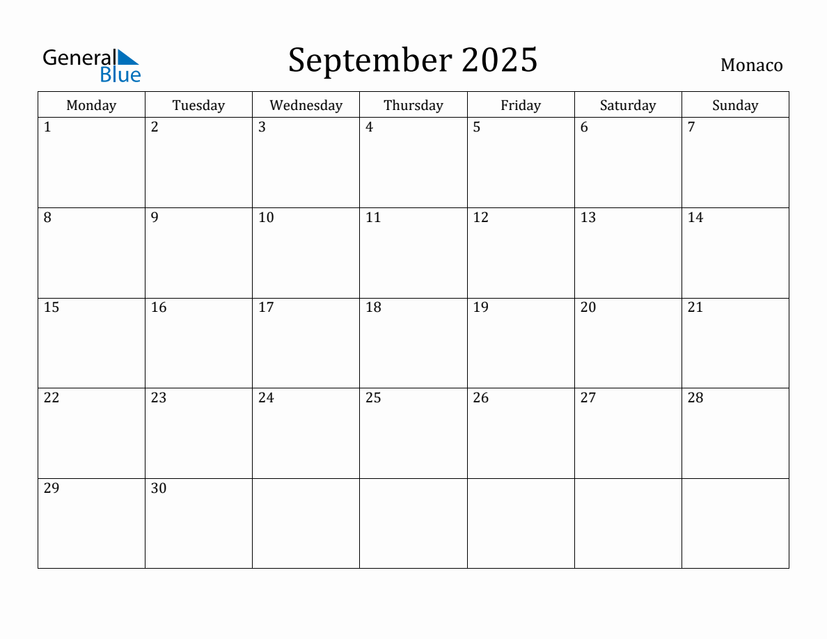 September 2025 Monaco Monthly Calendar with Holidays