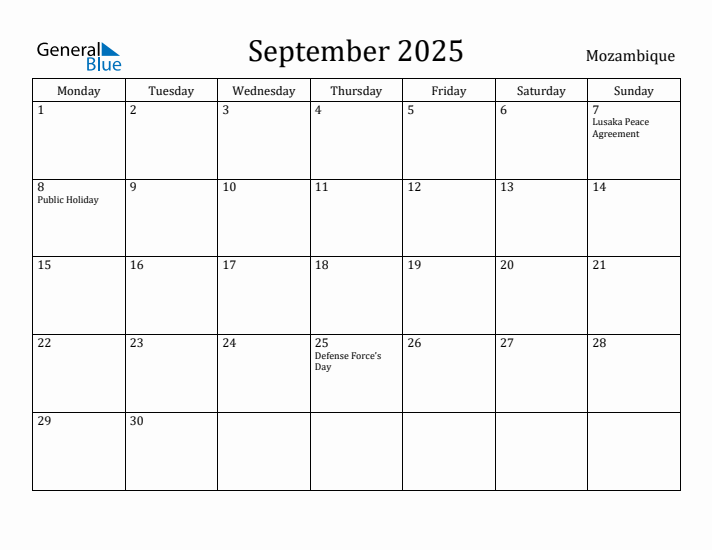 September 2025 Calendar Mozambique