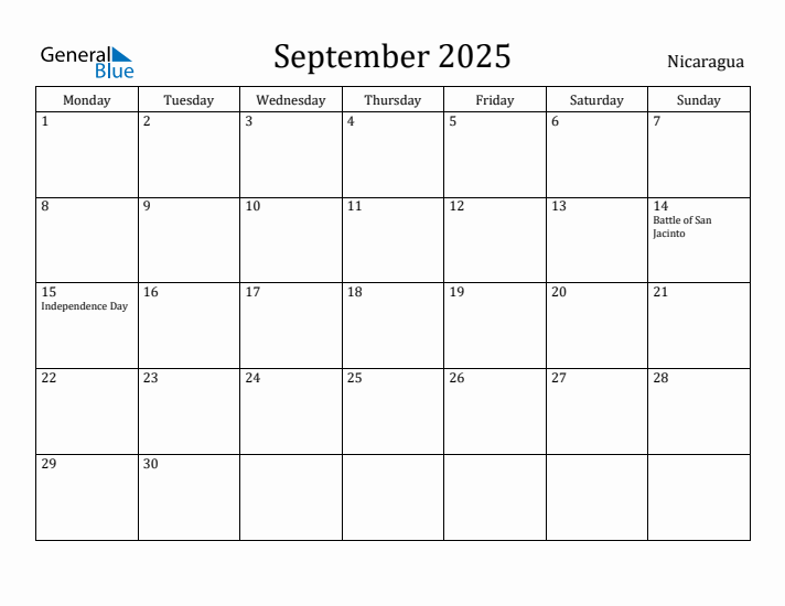September 2025 Calendar Nicaragua