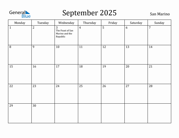 September 2025 San Marino Monthly Calendar with Holidays