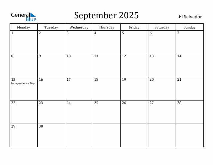 September 2025 Calendar El Salvador