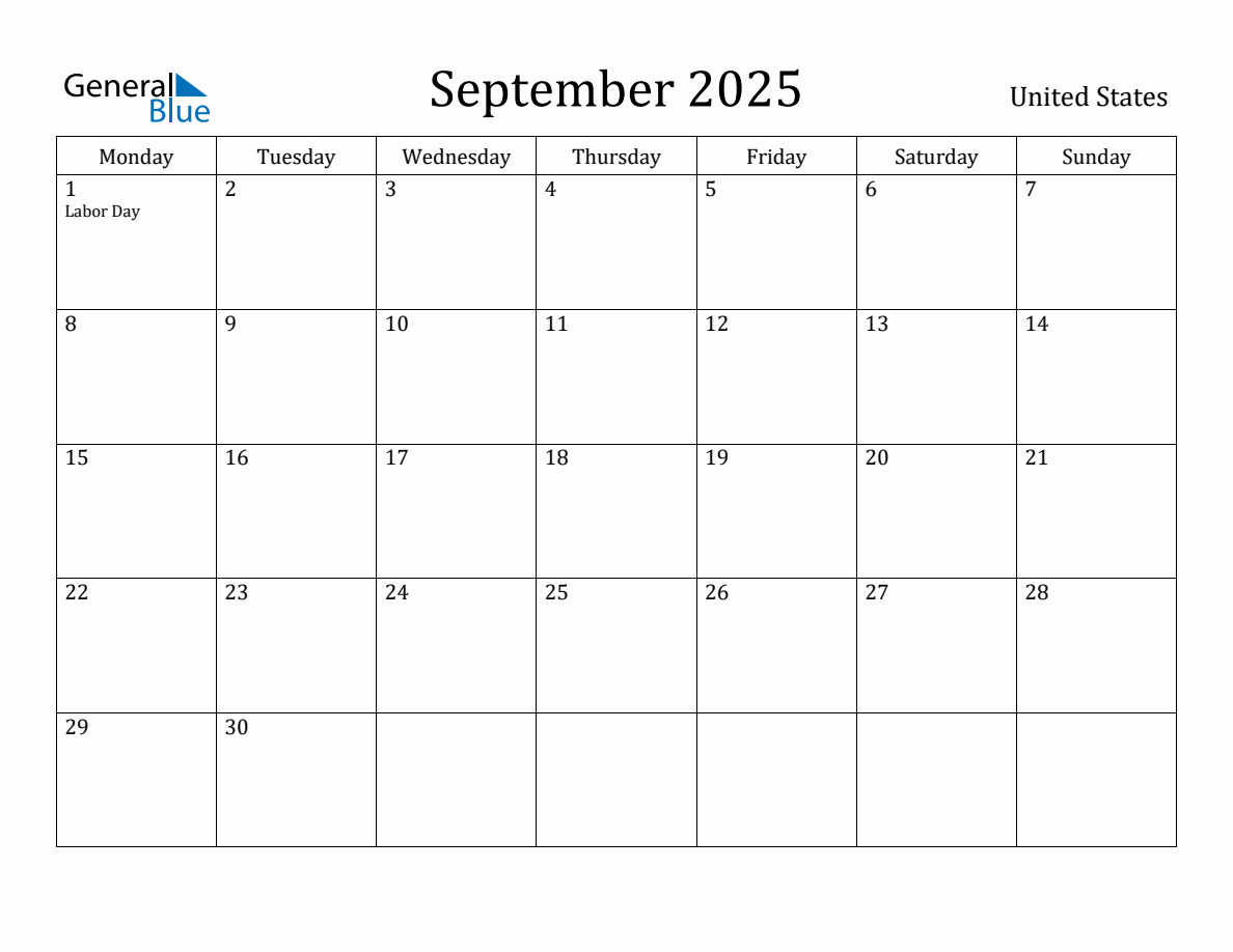 September 2025 Monthly Calendar with United States Holidays