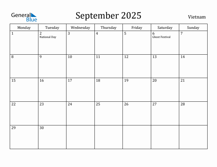 September 2025 Calendar Vietnam