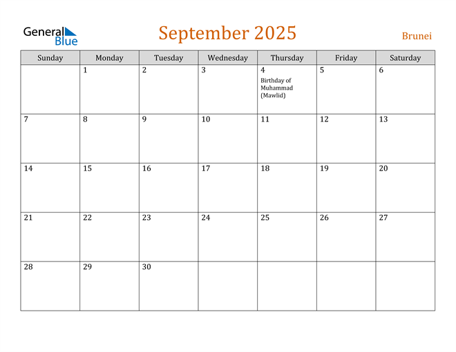 Brunei September 2025 Calendar with Holidays