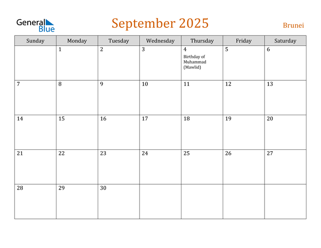 Brunei September 2025 Calendar With Holidays