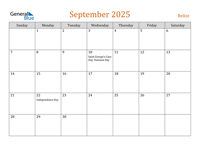 Belize September 2025 Calendar with Holidays