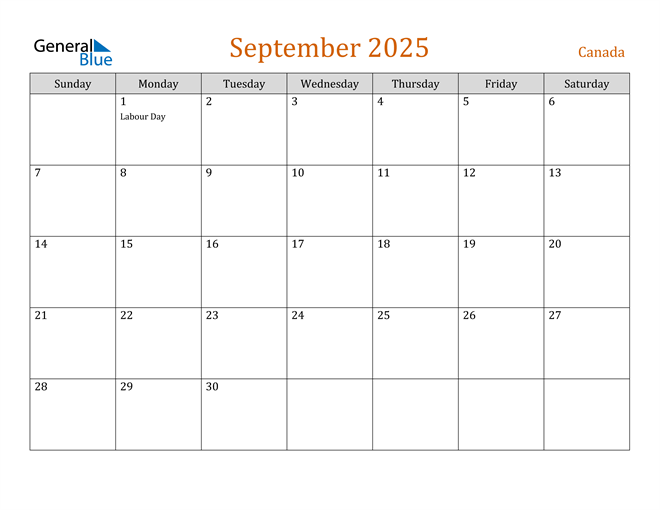 September 2025 Calendar with Canada Holidays