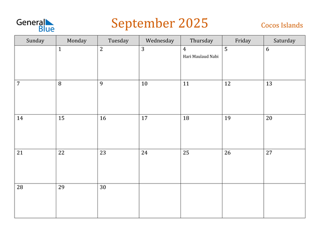 Cocos Islands September 2025 Calendar with Holidays