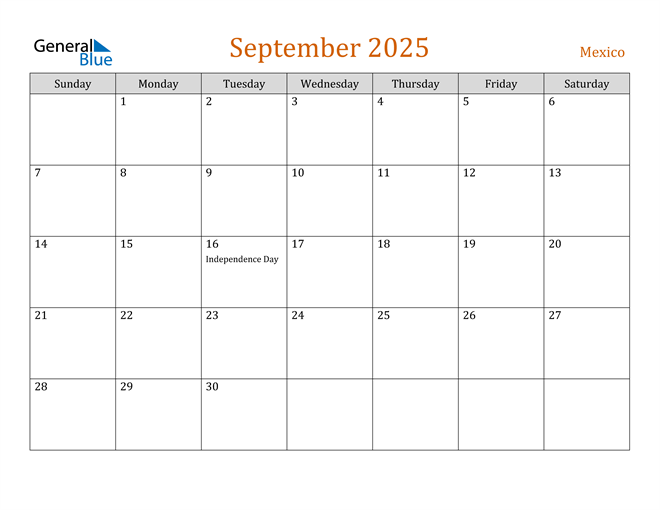 Mexico September 2025 Calendar with Holidays