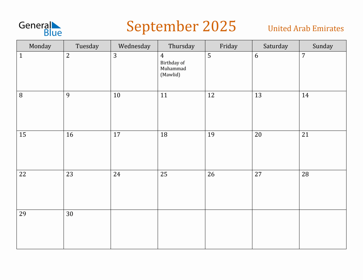 Free September 2025 United Arab Emirates Calendar