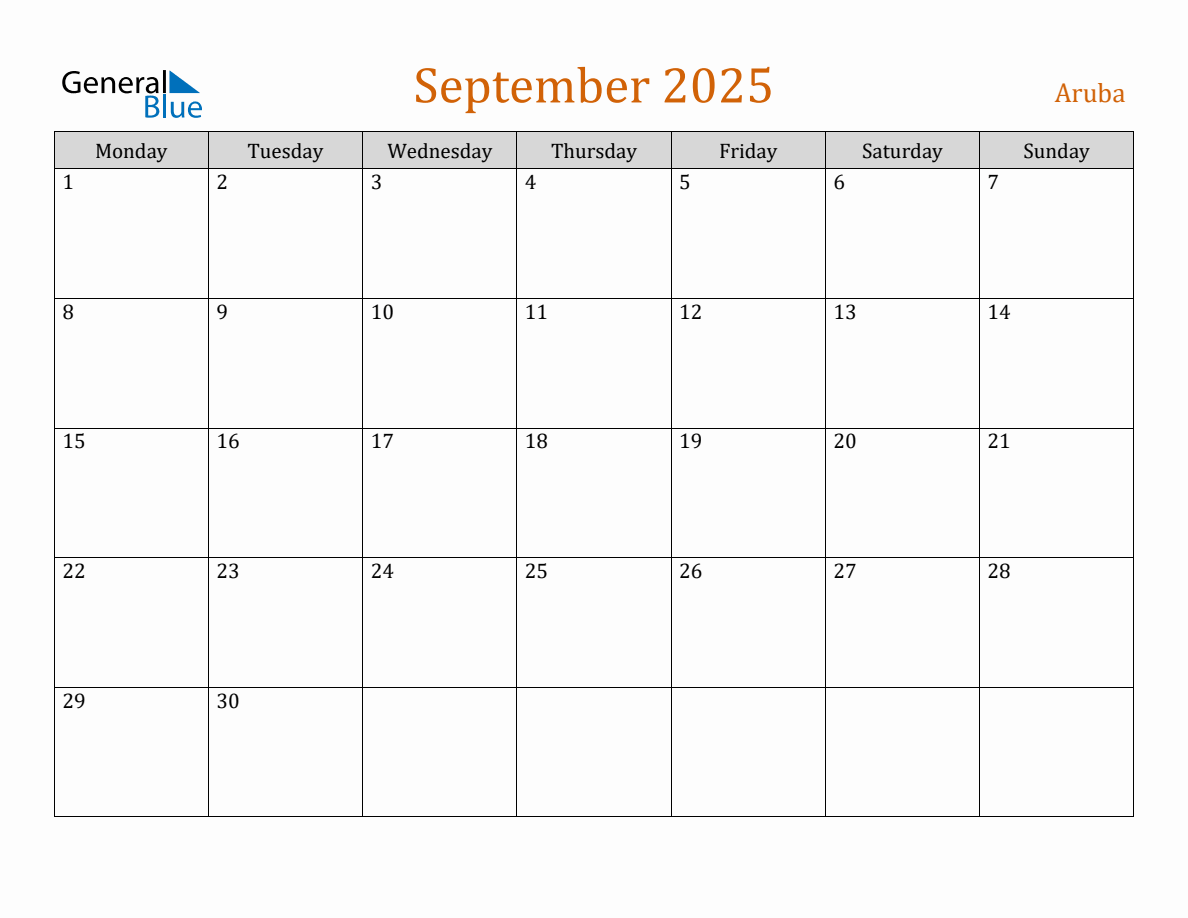 Free September 2025 Aruba Calendar