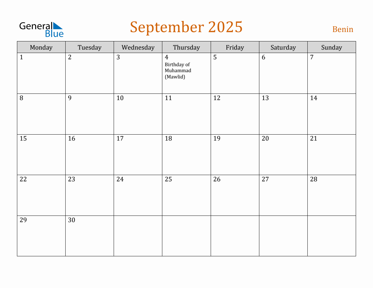 Free September 2025 Benin Calendar