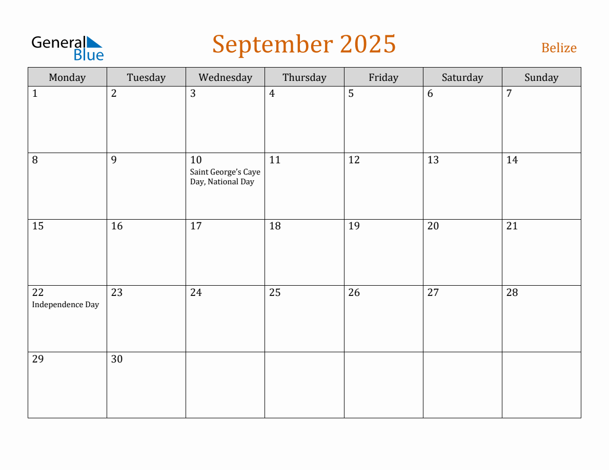 Free September 2025 Belize Calendar