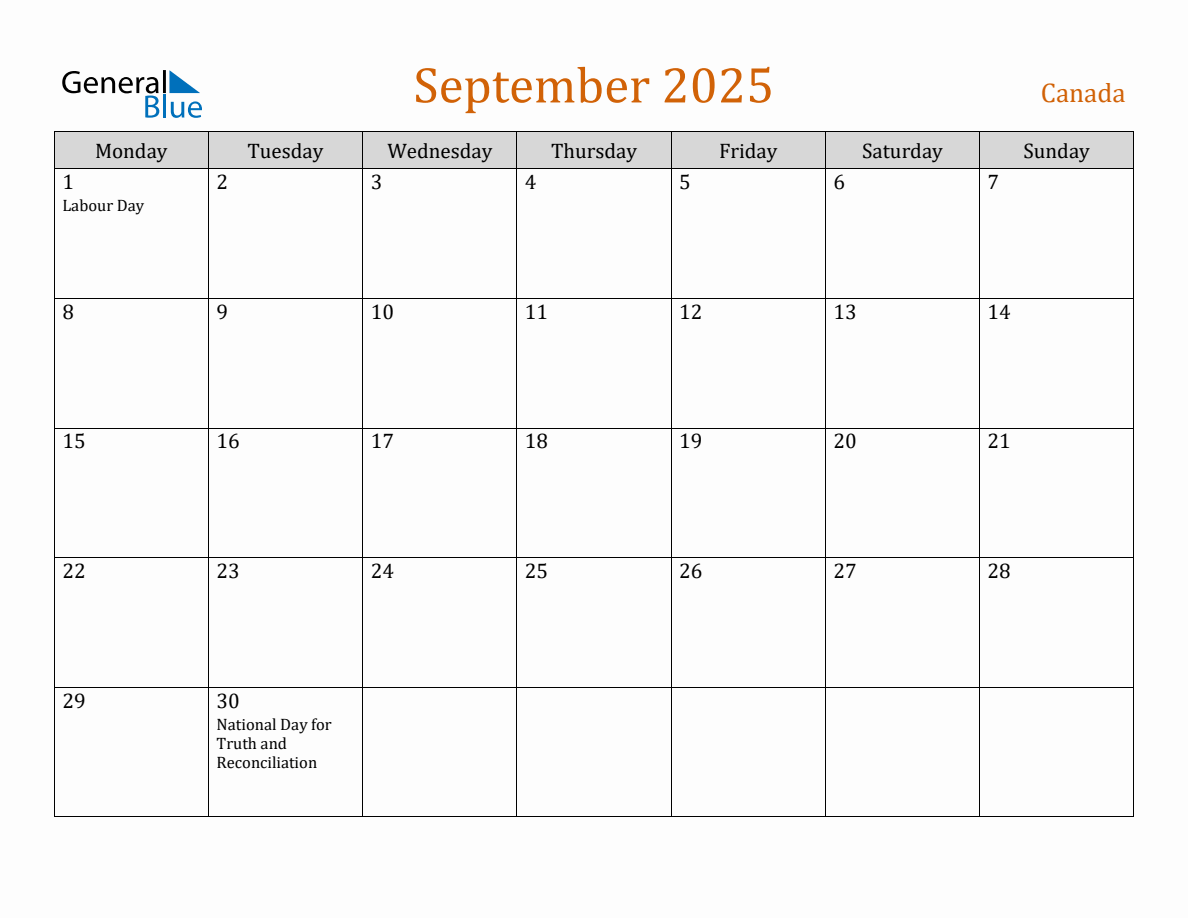 Free September 2025 Canada Calendar