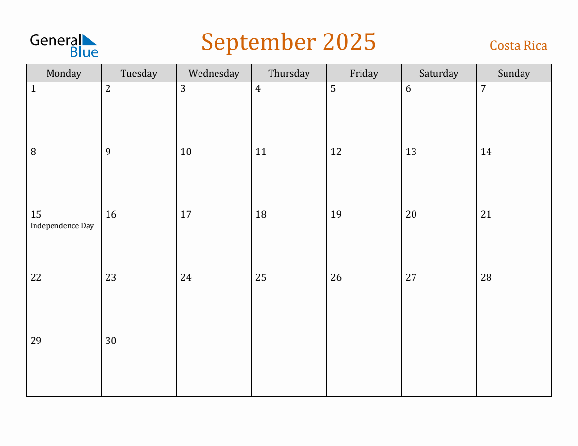 Free September 2025 Costa Rica Calendar