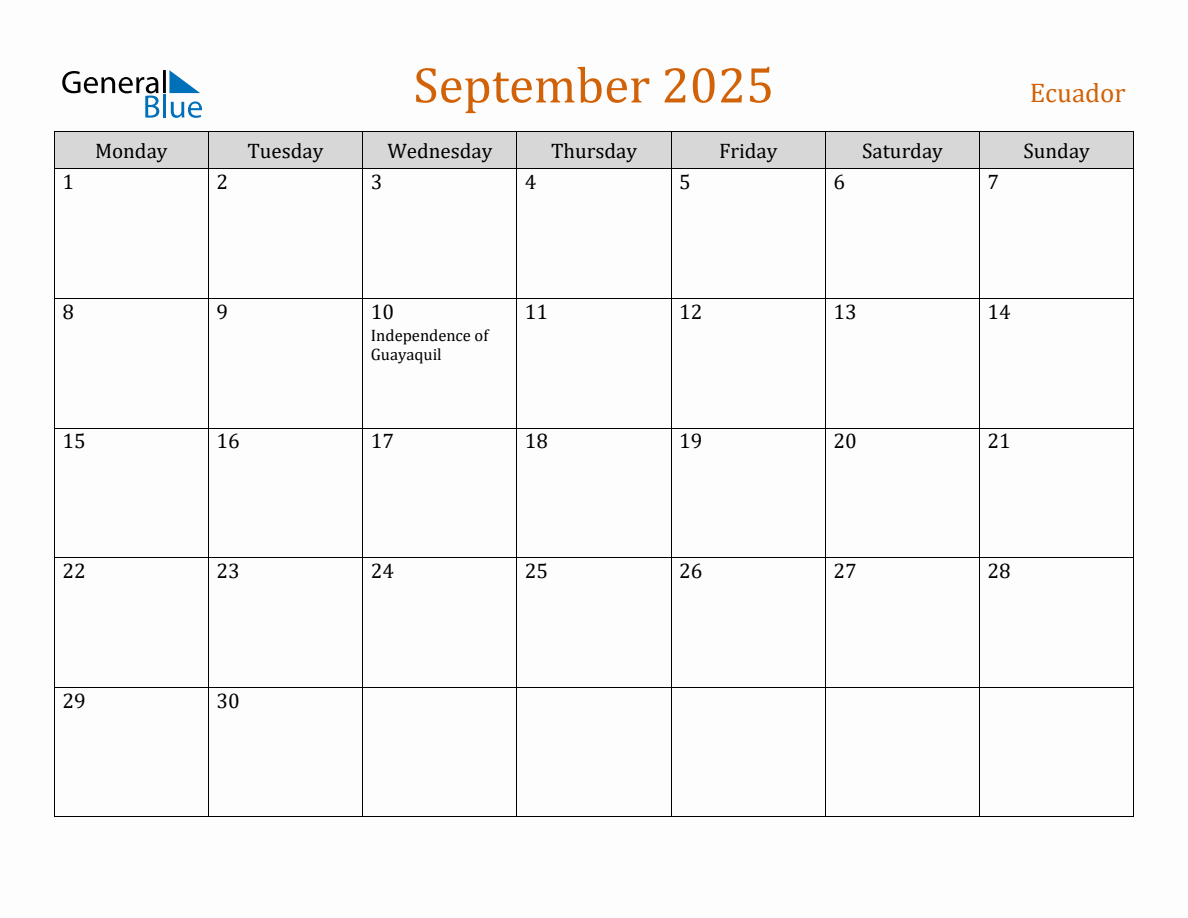 Free September 2025 Ecuador Calendar