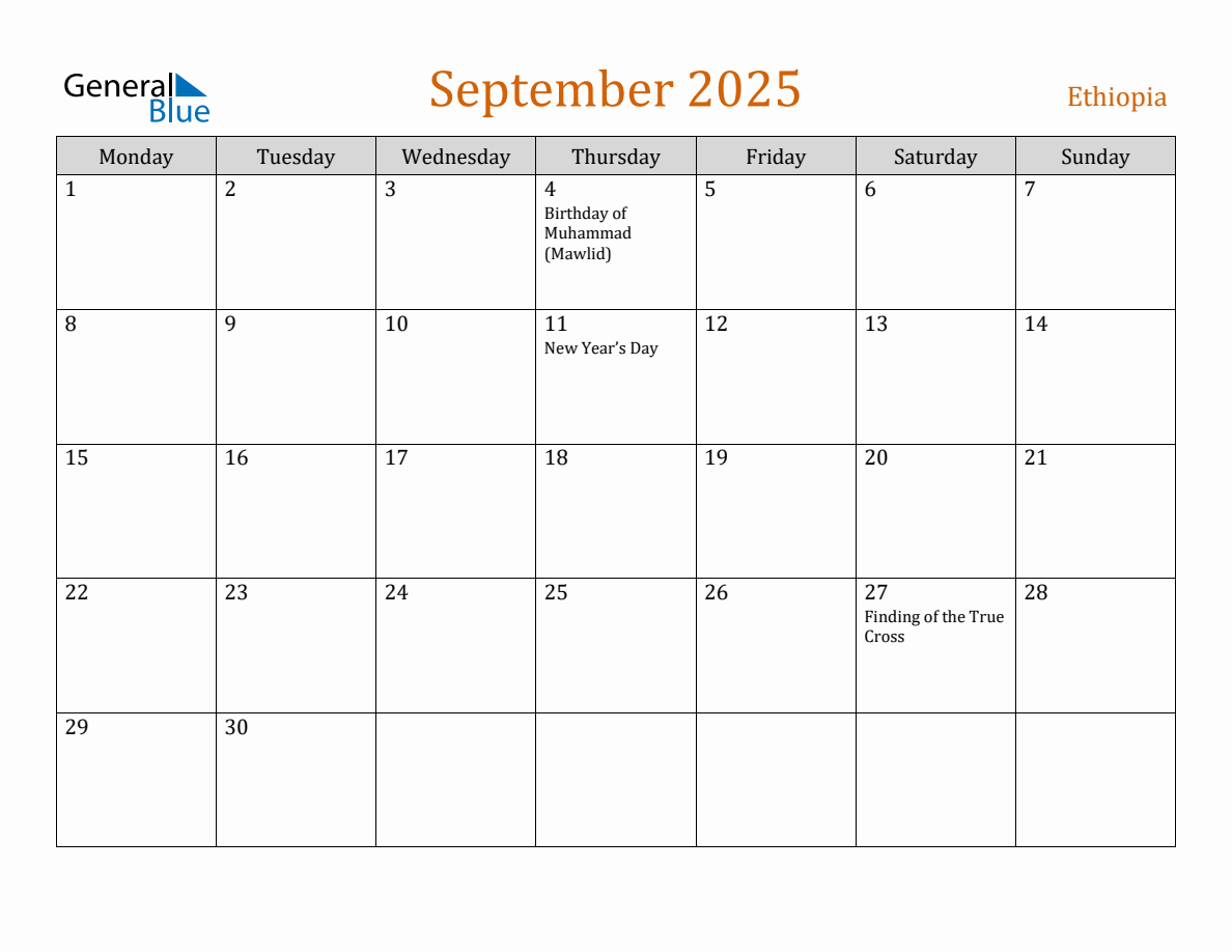 Free September 2025 Ethiopia Calendar