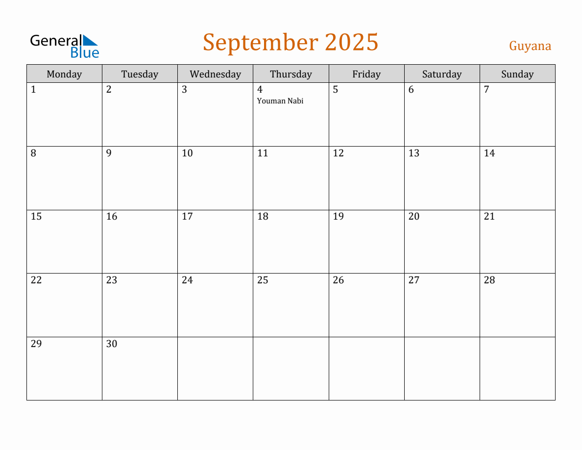 Free September 2025 Guyana Calendar