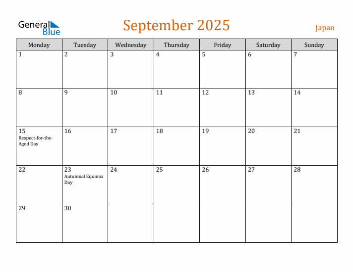 September 2025 Holiday Calendar with Monday Start