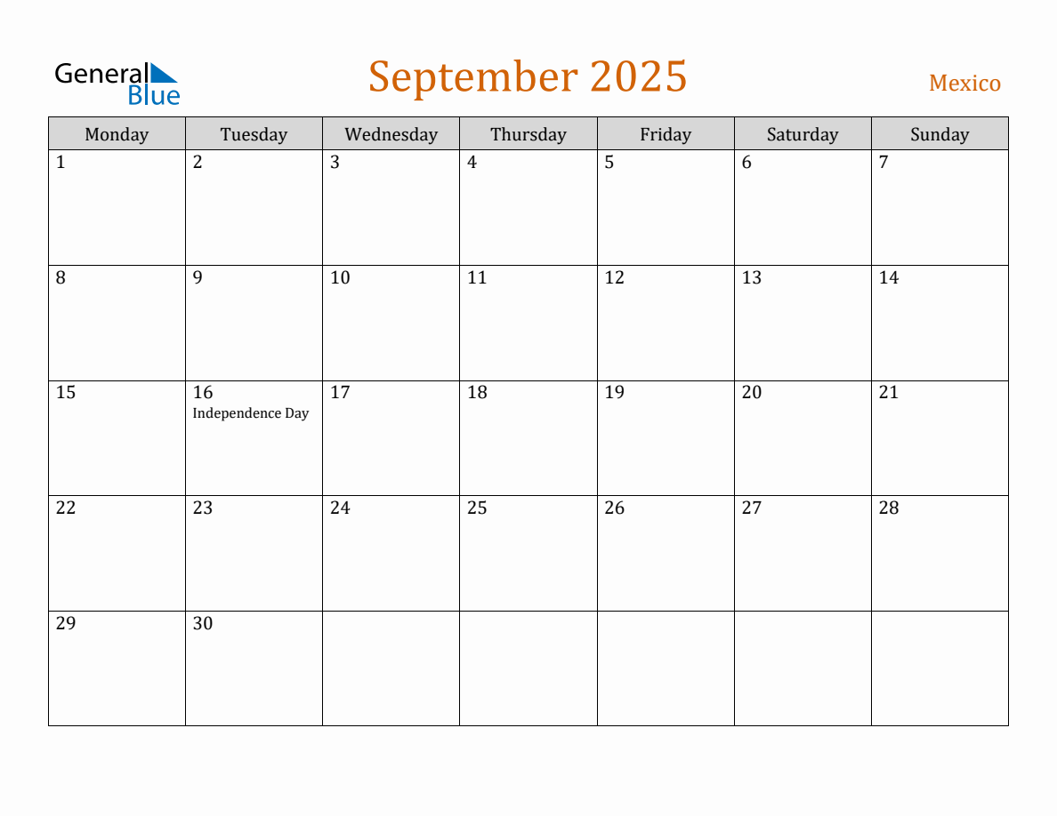 Free September 2025 Mexico Calendar