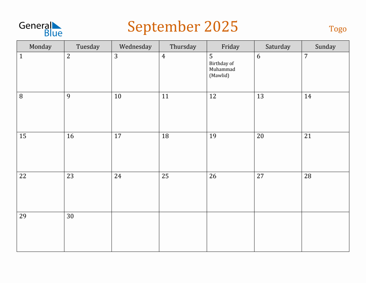 Free September 2025 Togo Calendar