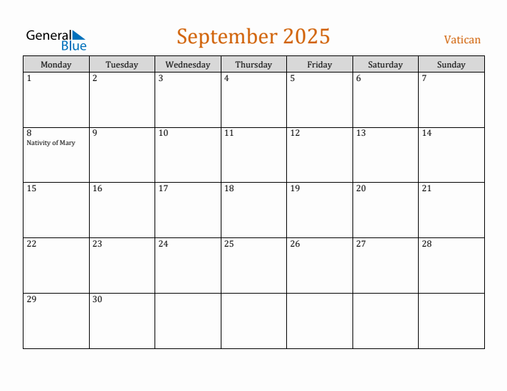 September 2025 Holiday Calendar with Monday Start