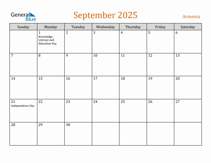 September 2025 Holiday Calendar with Sunday Start