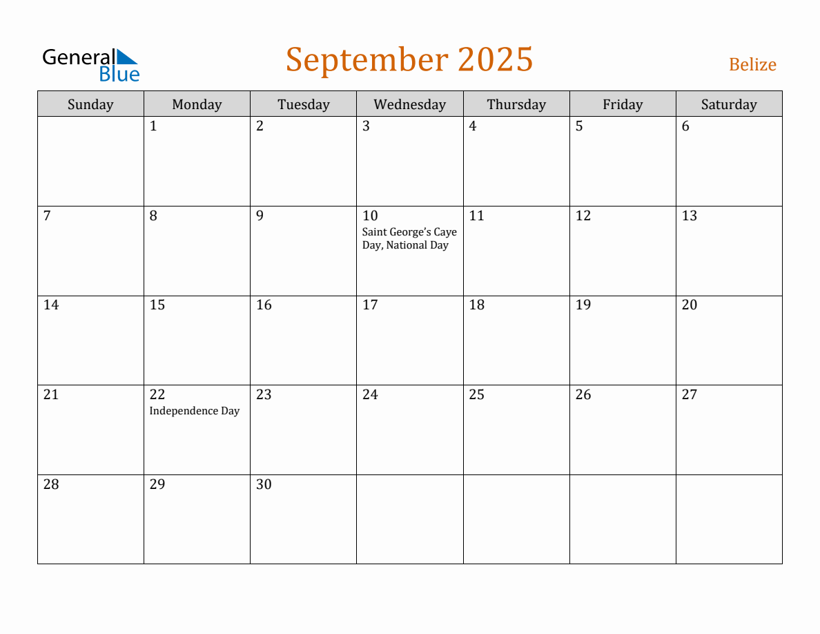 Free September 2025 Belize Calendar