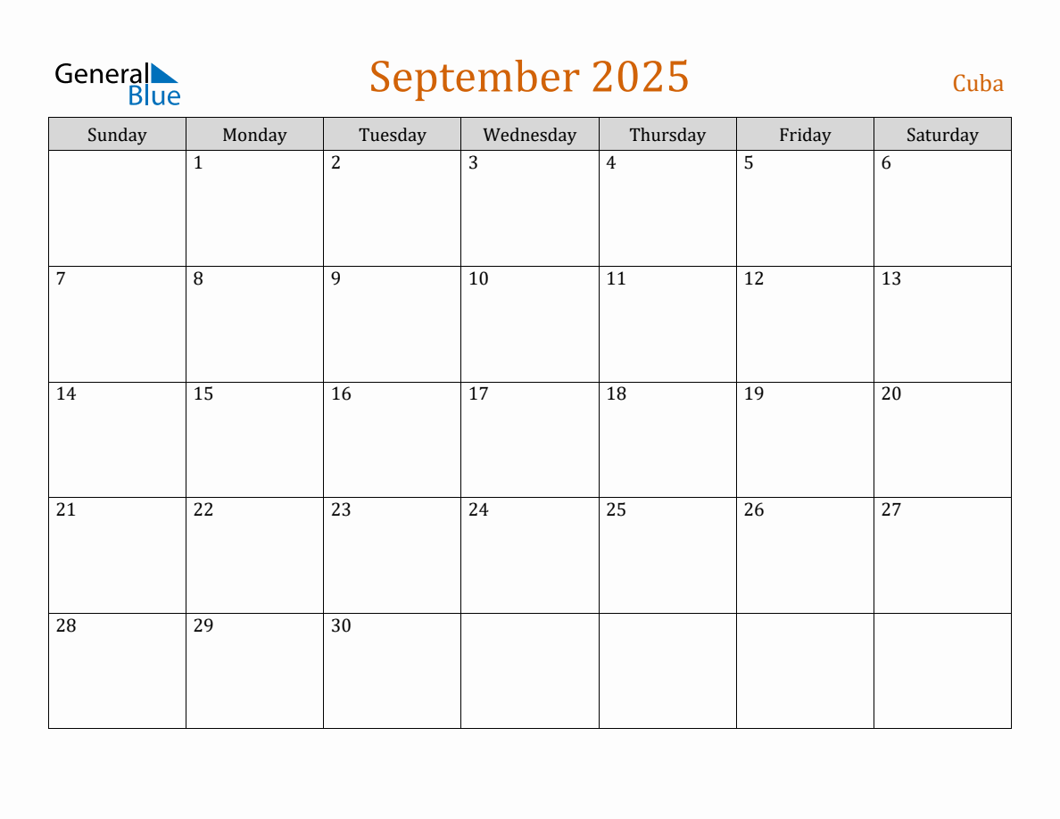 Free September 2025 Cuba Calendar