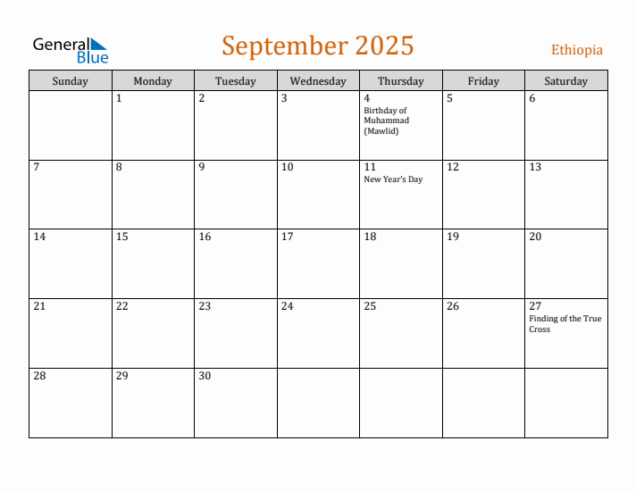September 2025 Monthly Calendar with Ethiopia Holidays