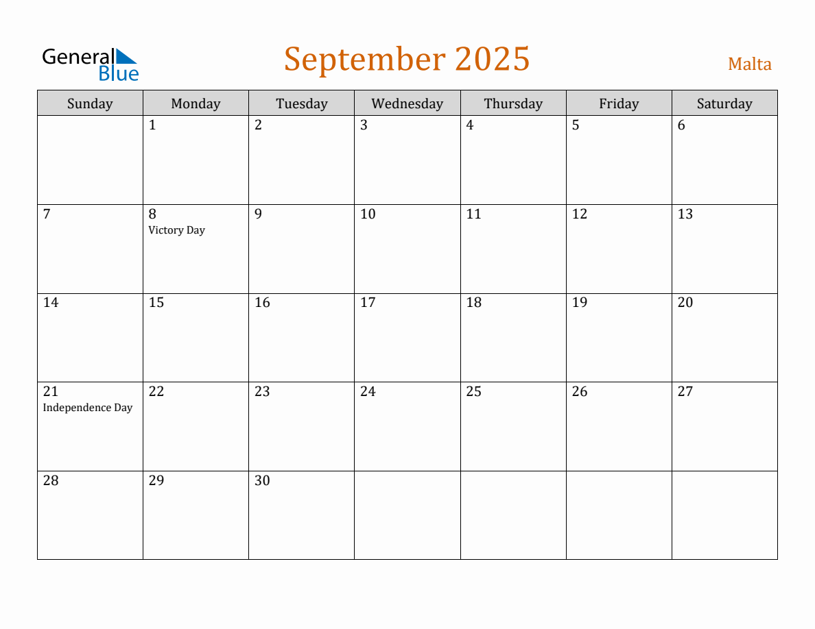 Free September 2025 Malta Calendar