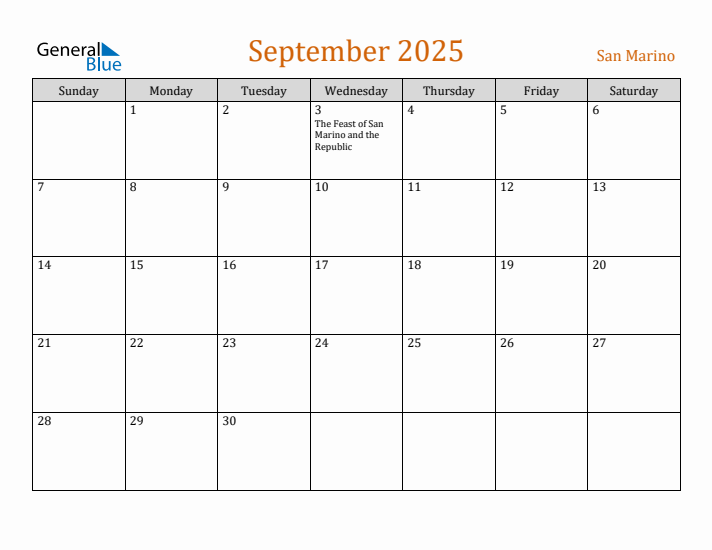 September 2025 Calendar with San Marino Holidays