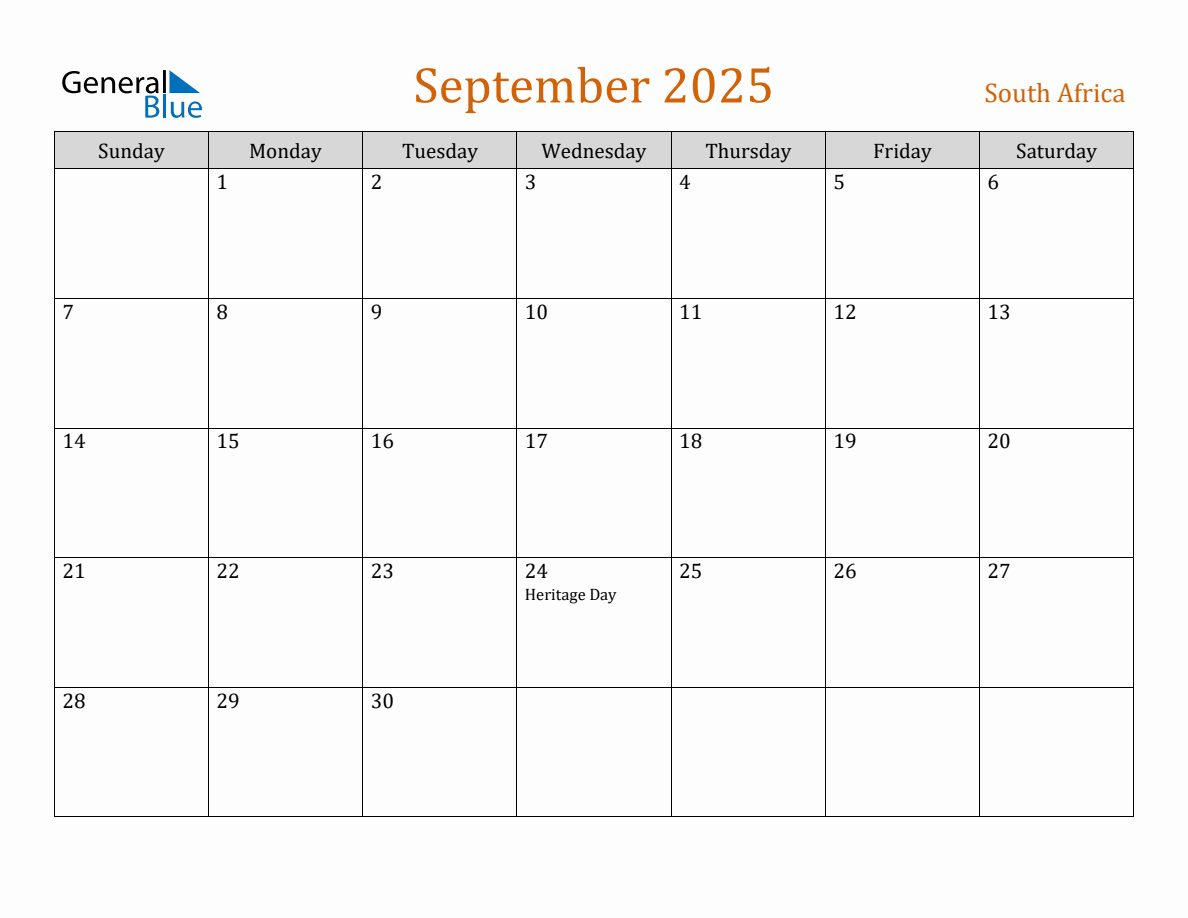 Free September 2025 South Africa Calendar