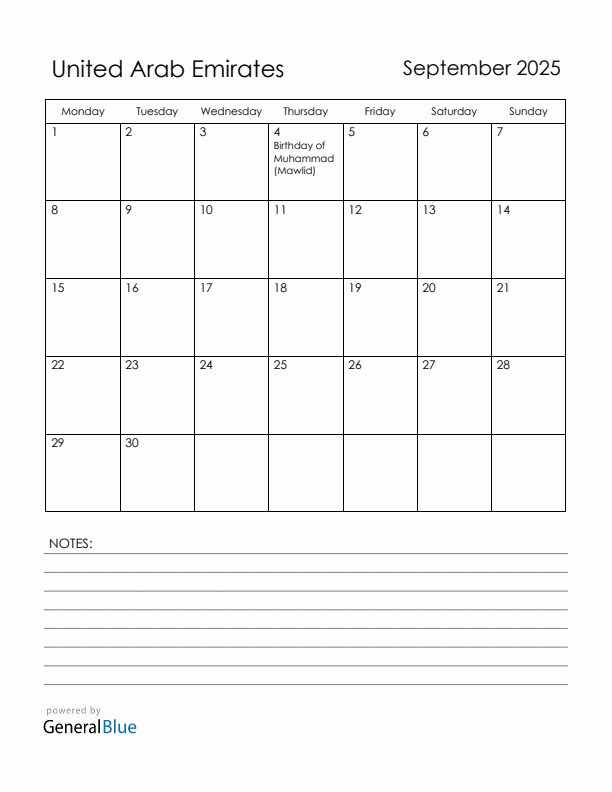 September 2025 United Arab Emirates Calendar with Holidays (Monday Start)