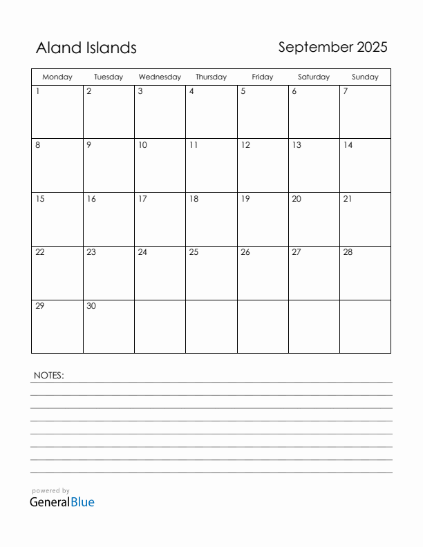 September 2025 Aland Islands Calendar with Holidays (Monday Start)