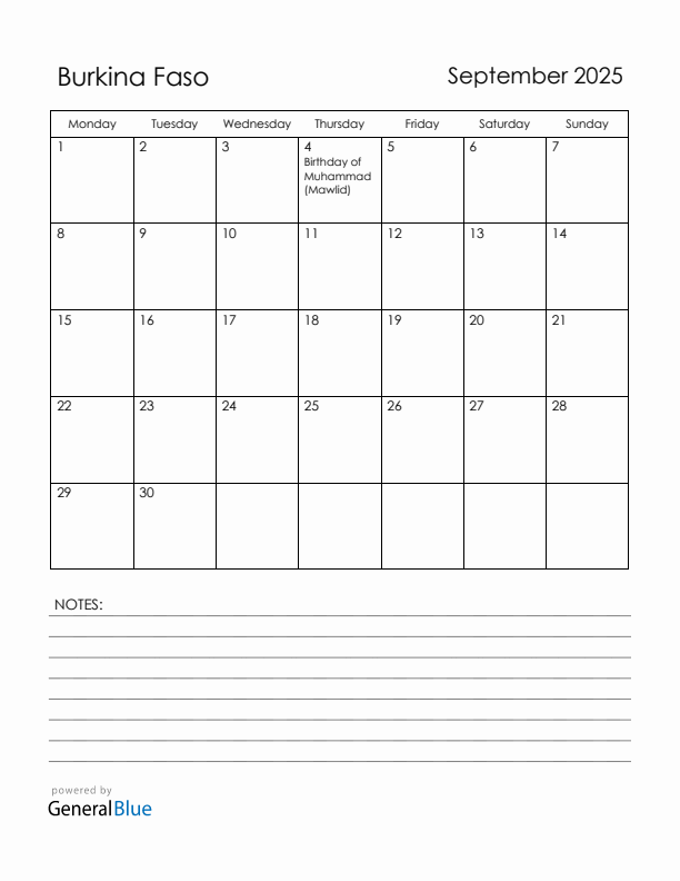 September 2025 Burkina Faso Calendar with Holidays (Monday Start)