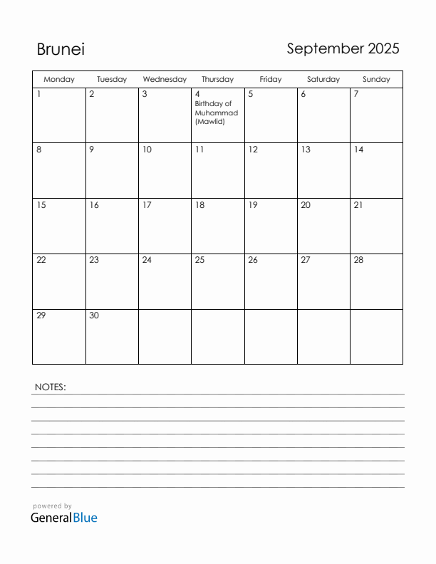 September 2025 Brunei Calendar with Holidays (Monday Start)