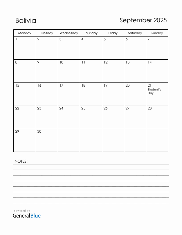 September 2025 Bolivia Calendar with Holidays (Monday Start)