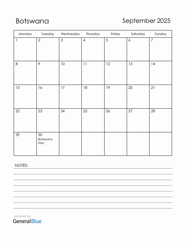 September 2025 Botswana Calendar with Holidays (Monday Start)