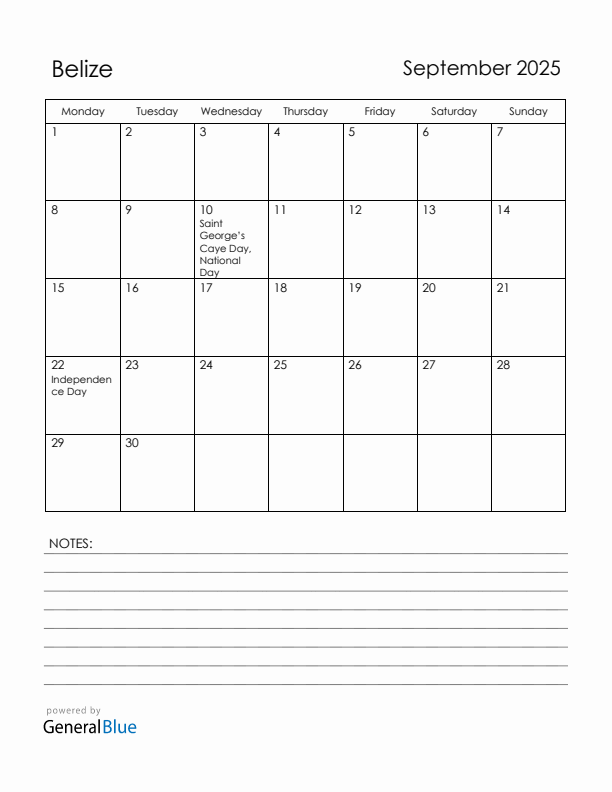 September 2025 Belize Calendar with Holidays (Monday Start)