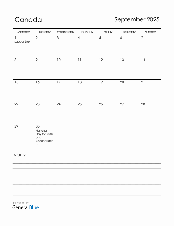 September 2025 Canada Calendar with Holidays (Monday Start)