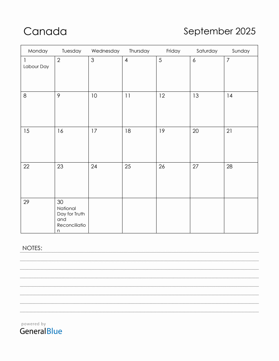 September 2025 Canada Calendar with Holidays